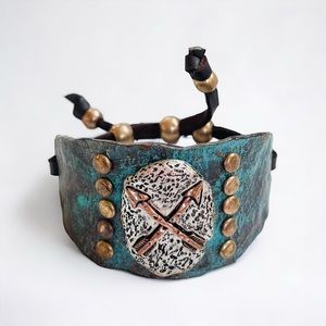 Mixed Metal Patina Oxidized Cuff Bracelet Adjustable Leather Pulls Arrows Design